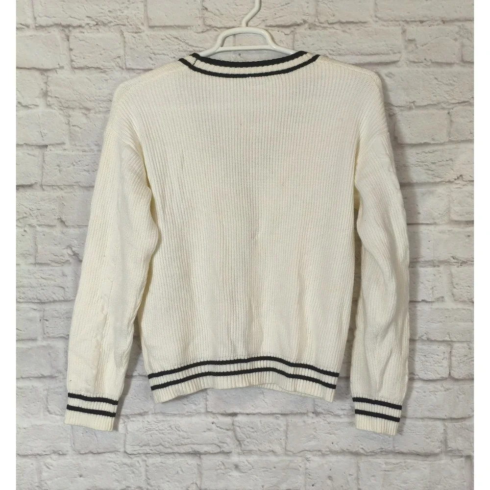 Cream With Navy Trim V-Neck Cable Knit Cardigan Vintage Preppy Lg Folklore Swift